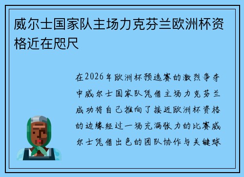 威尔士国家队主场力克芬兰欧洲杯资格近在咫尺 威尔士国家队主场力克芬兰欧洲杯资格近在咫尺