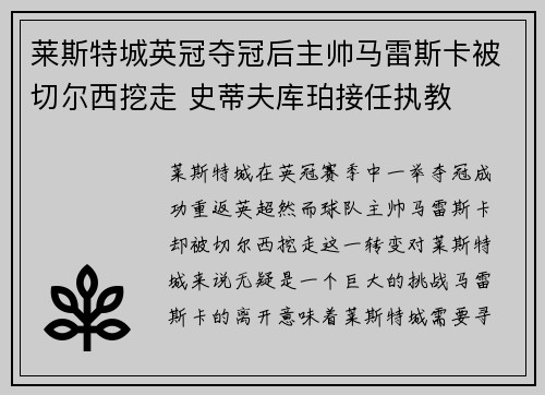 莱斯特城英冠夺冠后主帅马雷斯卡被切尔西挖走 史蒂夫库珀接任执教 莱斯特城英冠夺冠后主帅马雷斯卡被切尔西挖走 史蒂夫库珀接任执教