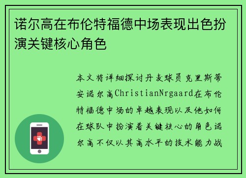 诺尔高在布伦特福德中场表现出色扮演关键核心角色 诺尔高在布伦特福德中场表现出色扮演关键核心角色